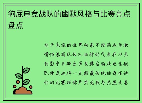 狗屁电竞战队的幽默风格与比赛亮点盘点